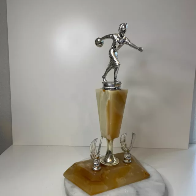 Vintage Bowling Trophy Marble Pedestal and Base 12.5" Womens Amber Yellow