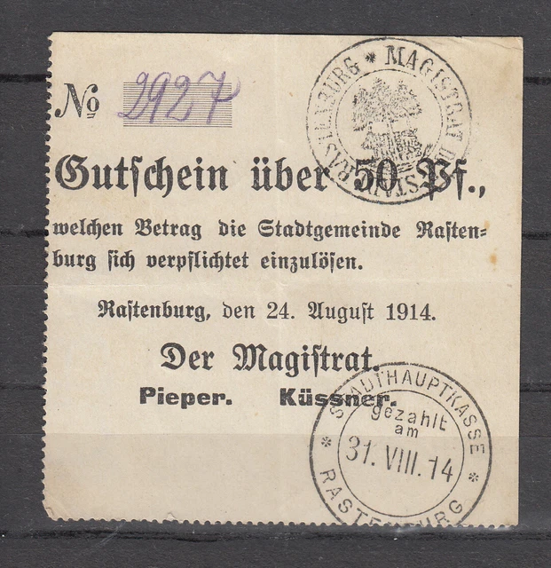 Rastenburg - City - 50 Pfennig - Dießner 310 - Kn Viol. Stylus Office - Type I