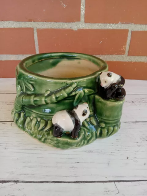 Vintage Majolica Lucky Bamboo Pandas Mid Century Tiki Planter