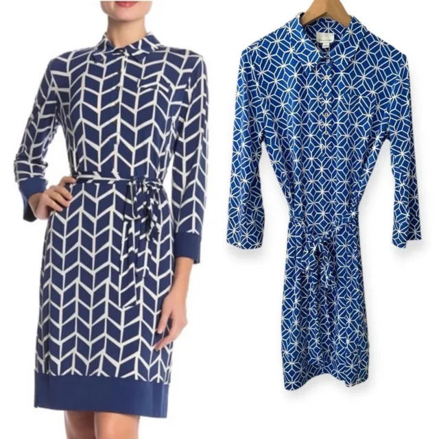 Donna Morgan Marlow Blue Geo Print Belted Shift Dress Size: 10
