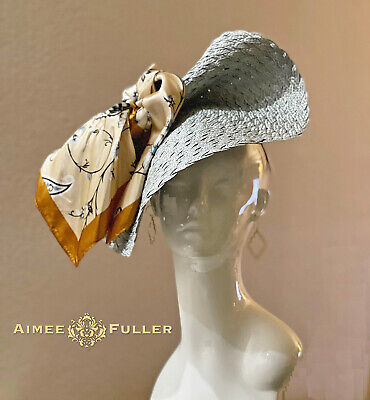 Aimee Fuller Chambray Grigio Oro Blu Ascot Kentucky Derby Fascinator Hat Del Mar
