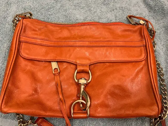 Rebecca Minkoff MAC Zip Clutch Crossbody Bag Orange Leather Gold Hardware