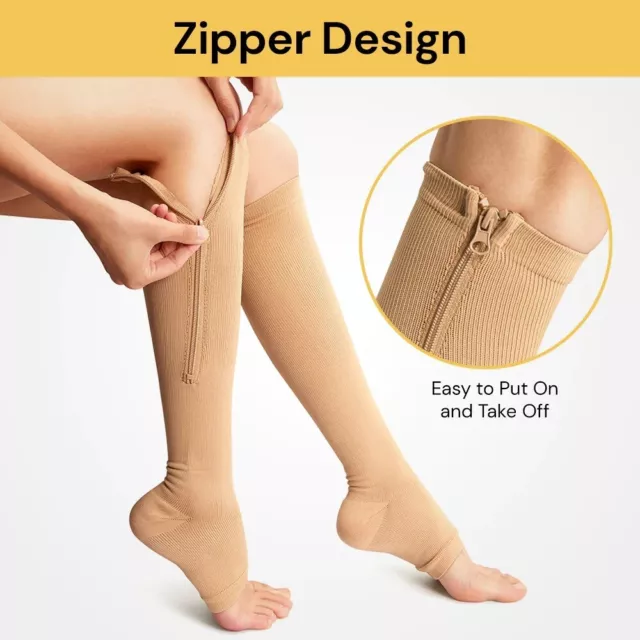 Zip Sox Compression Socks Zipper Leg Support Knee Open Toe Shaper Stockings AU 3