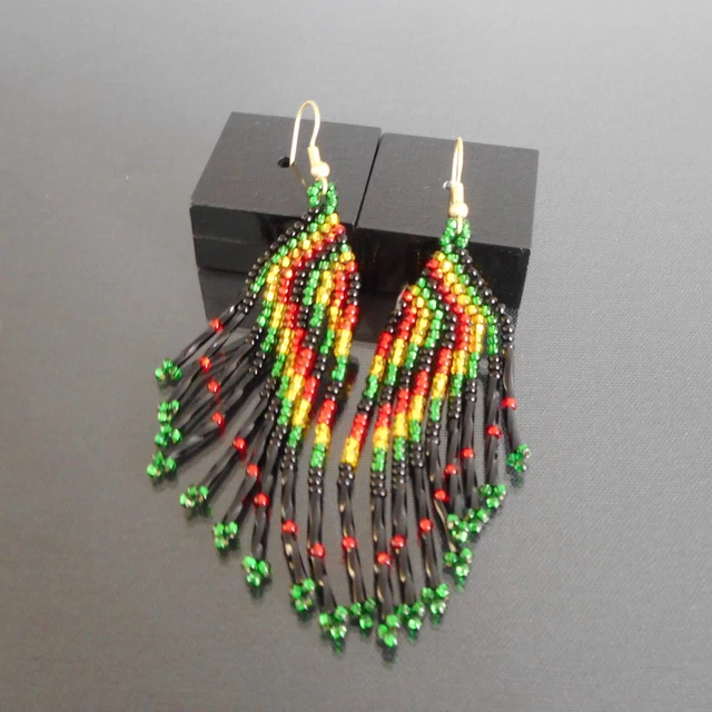 Huichol Beaded Earrings Ethnic Tribal Rasta Handmade Mexican Folk Art