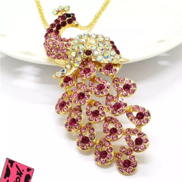 New Betsey Johnson Rhinestone Rose red Peacock Crystal Pendant Chain Necklace