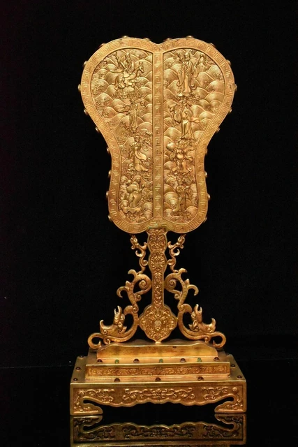 16.5" Qing dynasty bronze 24kgilt Gem inlay Eight Immortals Fan shaped Statue