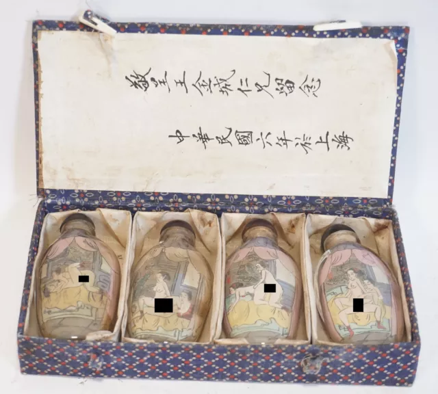 4-tlg. Set antike Snuff Bottles Erotika Szenen Innenglasmalerei polychrom in Box