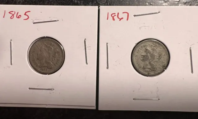 1865  and 1867 Three Cent Nickel Pieces 3C US Type Coins
