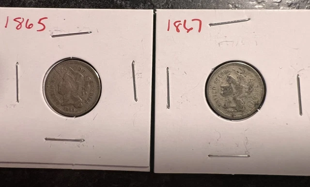 1865  and 1867 Three Cent Nickel Pieces 3C US Type Coins