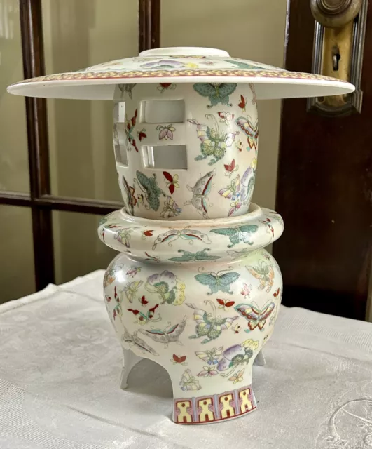 Chinese Porcelain Celadon Butterfly Pattern Table Lantern Incense Burner 10.5”T