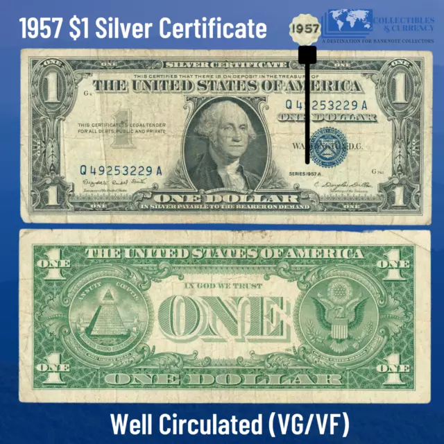 ✔ One 1957 Blue Seal $1 Dollar Silver Certificate, VG/VF, Old US One Dollar Bill 2
