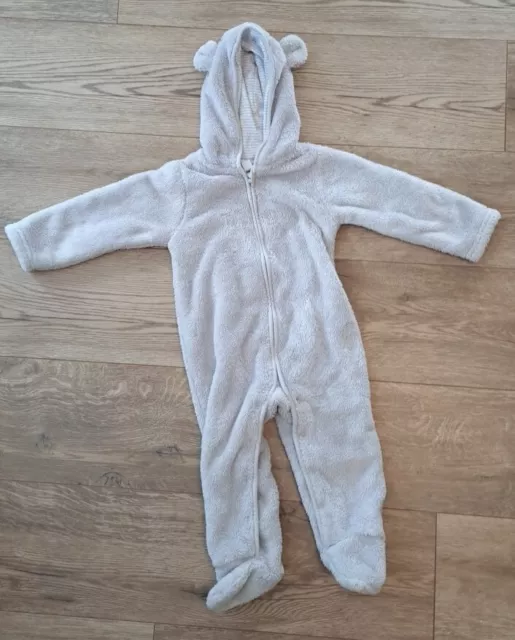 The Little White Company  Baby Grey Bear Pramsuit Fleece Romper 12 18 Months