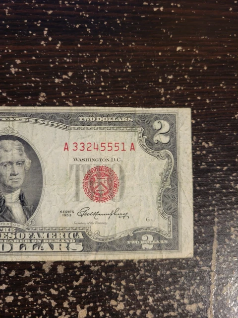 United States Note 1953 $2 Dollar Bill Red Seal A33245551A Triple 5's Fancy note