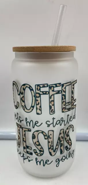 Coffee Gets Me Started 10 oz. Frosted  Glass Tumbler Can Bamboo Lid with Straw