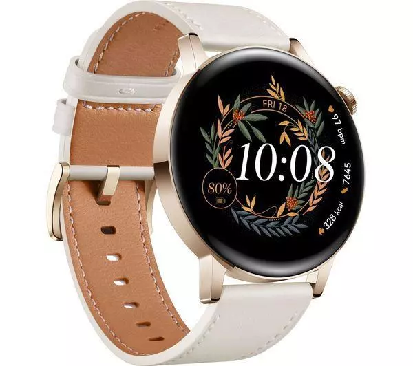 Huawei Watch GT 3 Classic Health & Fitness GPS Smart Watch White Leather