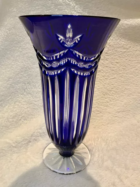 VTG Polish Bohemian Cobalt Cut To Clear Crystal 9” Vase