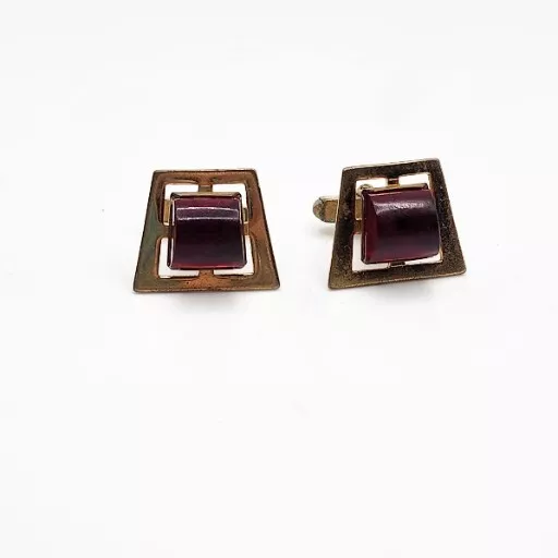 Anson Vintage Cufflinks Red Lucite 1940s 50s Mens Jewelry Art Deco Gold Tone