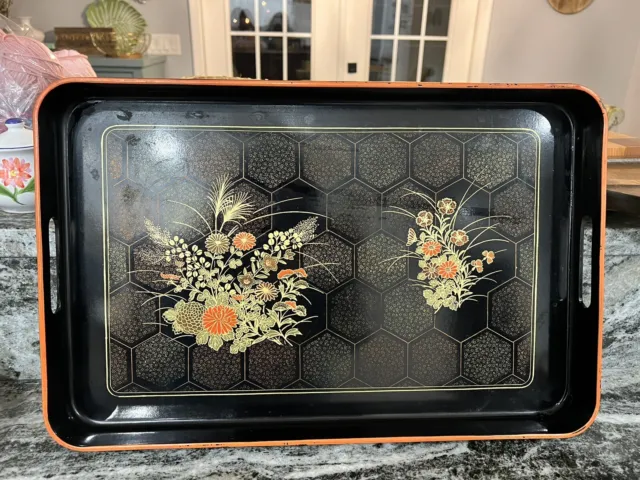 Vintage Black Lacquer Oriental Asian Japanese Floral Serving Tray 19" Rectangle