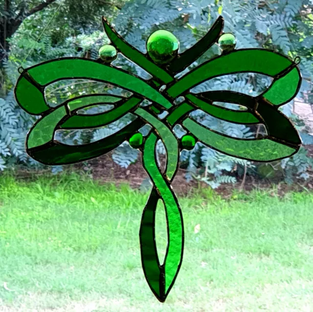 CELTIC KNOT DRAGONFLY Shades of Green AUTHENTIC AUSSIE Stained Glass SUNCATCHER