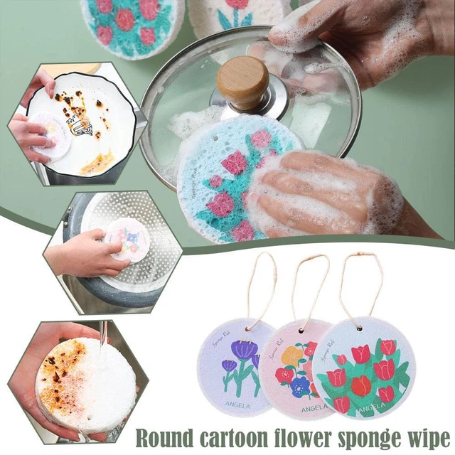 3x cepillo esponja de cocina para lavavajillas pulpa de madera comprimida dibujos animados algodón;