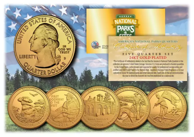 2016 America The Beautiful 24K GOLD PLATED Quarters Parks 5-Coin Set w/Capsules