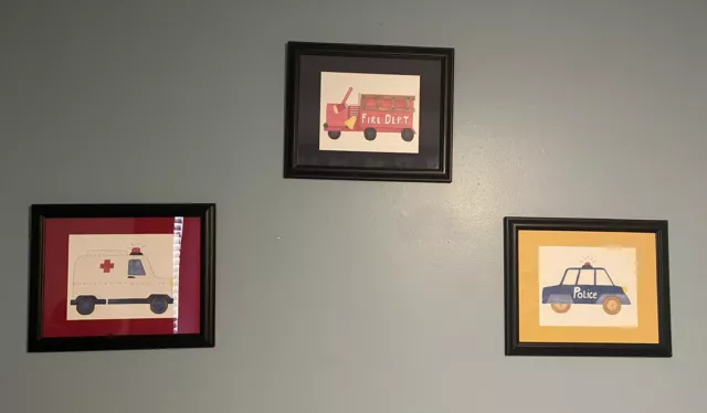 Transportation Fire Truck Police Car Ambulance Boys Room Decor Wall Pictures EUC