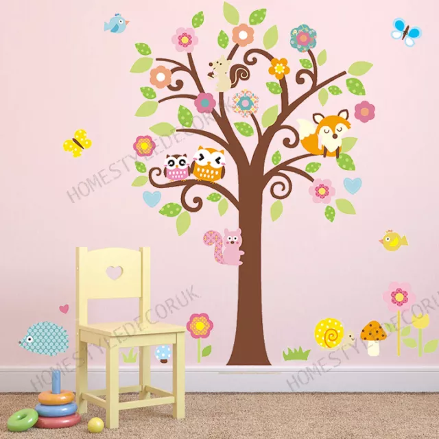 Owls Wall Sticker Animal Tree Forest Friends Fox Squirrel Kids Room Decor Decal