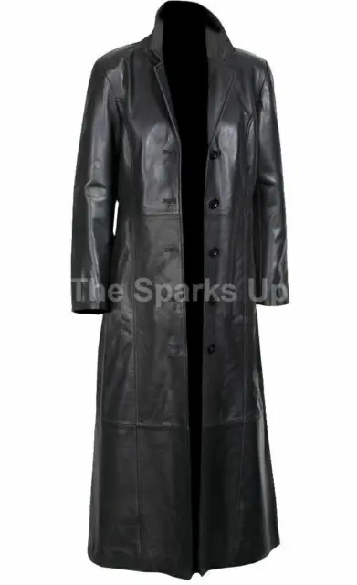 Mens Leather Trench Coat Long Coat For Men Genuine Lambskin Full Length Overcoat