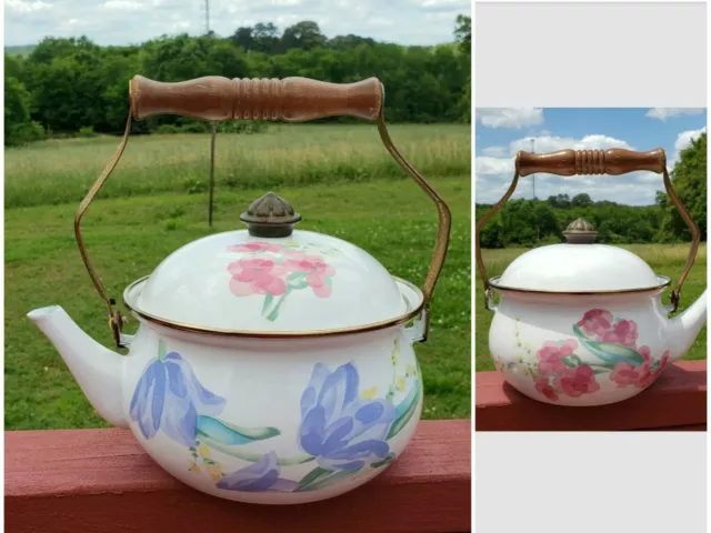 Vintage Floral & White Enamel Metal Water Tea Pot Kettle Wood Handle Brass Knob