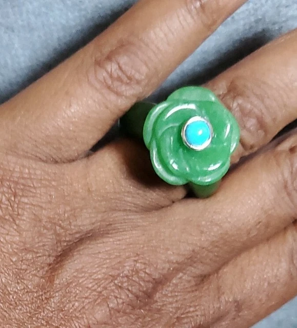 HAND CARVED BURMESE JADE AND SLEEPING BEAUTY TURQUOISE RING 54.50ctw, SZ 9