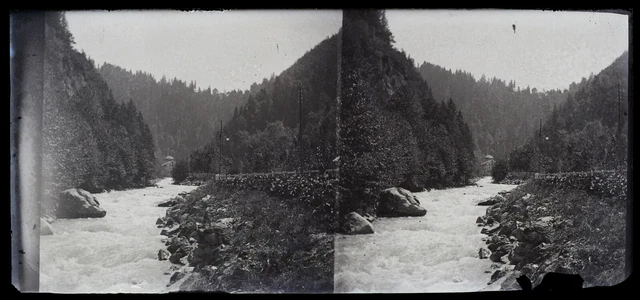 Montagne Torrent c1910 Photo NEGATIVE Stereo Plaque de verre Vintage V36L22n