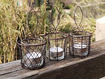 3 Wall Hung Wire Cage Hanging Tea Light Holders Rusty Glass Rustic Candle Votive
