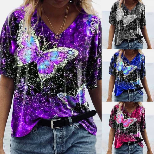 Donna Top Clubwear Comodo Taglie Forti Pullover Camicia Farfalla Stampa