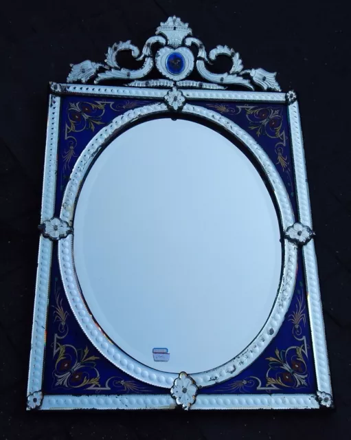 1880/1900' Miroir Venise Rectangle à Fronton avec Cadre en Verre Bleu Émaillé