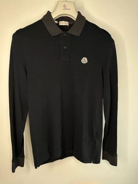 Moncler Maglia Polo Shirt, Long Sleeve, Navy Blue, Size Medium Mens