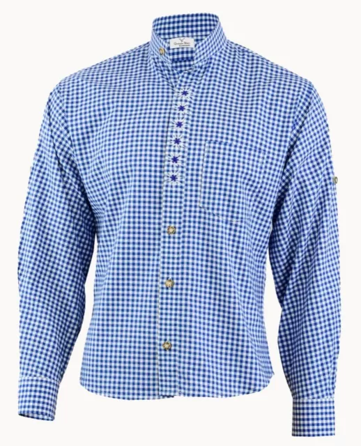 Trachtenhemd Trachten Hemd Herren Edelweissstickerei blau weiss kariert S - 4 XL