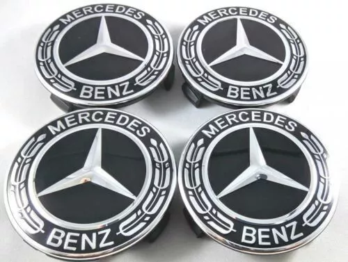 LOT 4 Cache Moyeu 75mm NOIR BRILLANT / Mercedes Logo Emblème Jante Centre  Roue