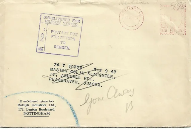 2d POSTAGE DUE BOXED CACHET ON 1957 TYPED COVER FROM NOTTINGHAM REF 325A