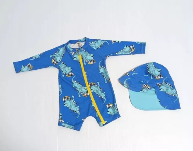 Bonds Baby Swim Lizard Long Sleeve Zippy Swimsuit & Hat Size 00 or 3-6 Months