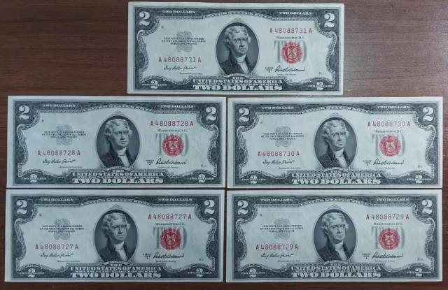 Lot 5 Pcs 1953 consective Two Dollar Bill Red Seal CU $2 Note 1953 UNC
