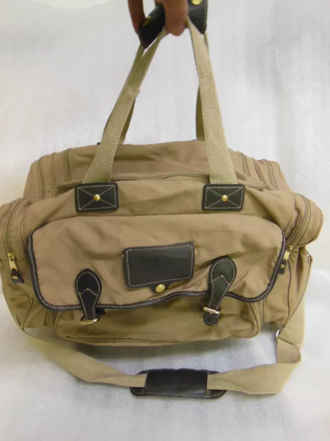EDDIE BAUER Ford Tan Canvas Leather Duffle Travel Sport Bag w/ Shoulder Strap