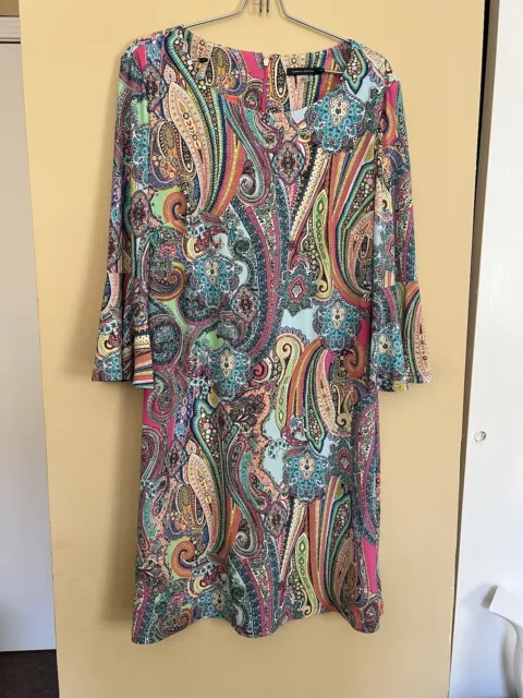 Tommy Hilfiger Paisley Shift Dress Womens 12 Multicolor 3/4 Bell Sleeves Preppy