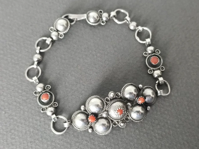 Bracelet Ethnique Ancien - Argent 925 Et Corail Rouge Naturel - Occasion