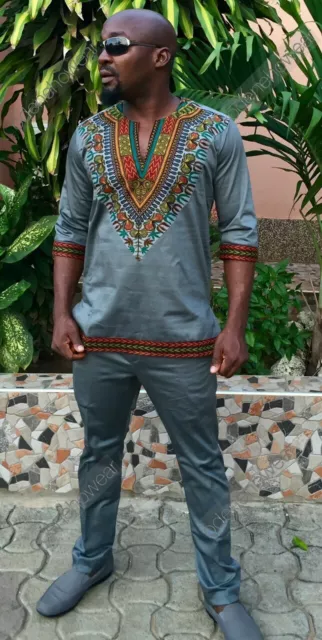 Odeneho Wear Men's Gray Polished Cotton/Dashiki Top+ Bottom.African Clothing.