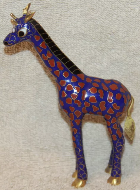 Cloisonne Giraffe. Hand Painted. Vintage. Blue & Red Pattern. Gold Tone Accents.