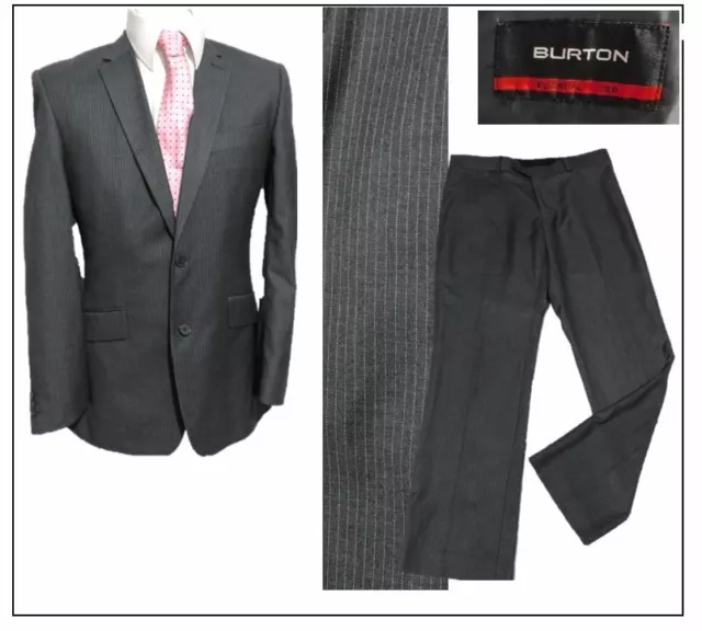 Burton mens 2 piece suit Ch38"R W34" L31" Grey Stripe Wedding Prom