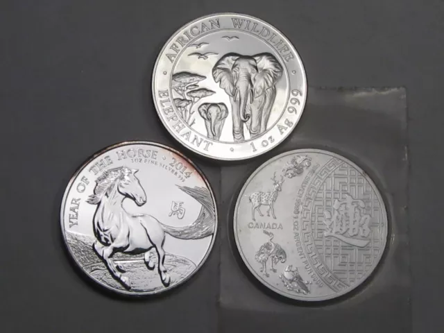 3 Fine Silver Coins 1oz .999 each: 2016 Somalia Elephant, 14 UK Horse, 16 CANADA
