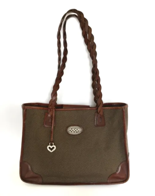 Vintage Brighton Leather and Woven Fabric Tote Handbag Satchel Shoulder Bag