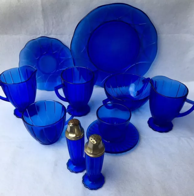 Vtg Cobalt Blue Hazel Atlas Newport Hairpin Glass Tea Dinner Set 40+ PRICE DROP