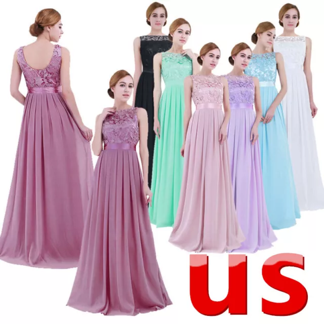 US Women's Formal Lace Chiffon Long Dress Prom Evening Party Bridesmaid Gown